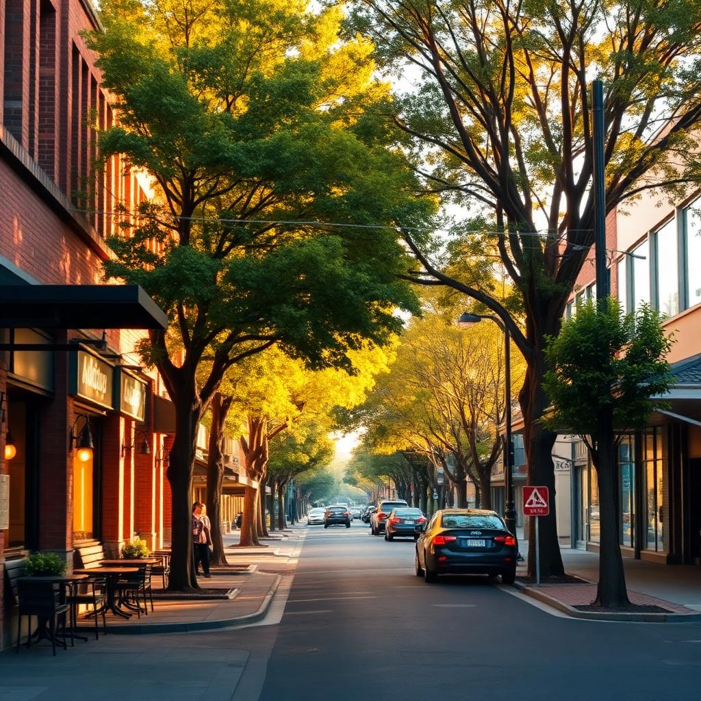 Bankstown Sydney tree-lined main street with cafes and brick shopfronts in golden hour — Reactive services South Western Sydney