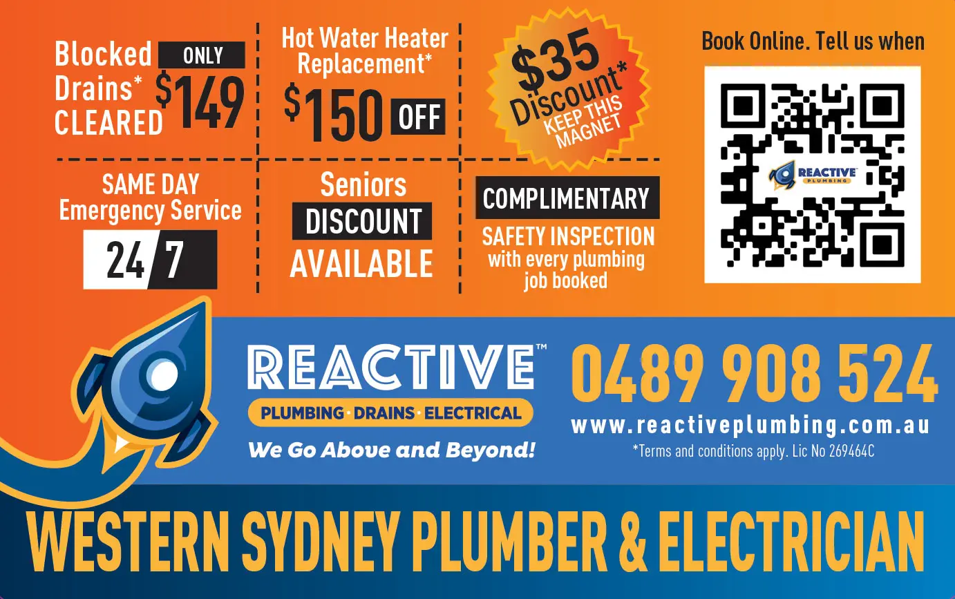 Western Sydney plumber and electrician magnet showing $149 blocked drains, $150 off hot water replacement, a $35 discount, 24/7 emergency service and seniors savings
