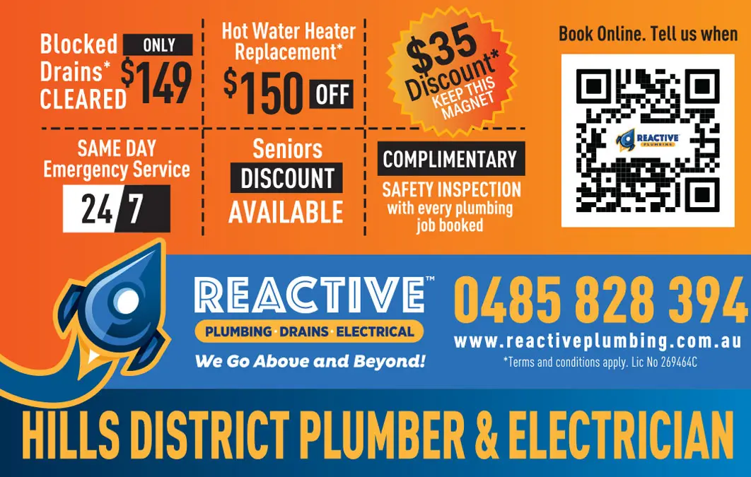 Hills District plumber and electrician magnet showing $149 blocked drains, $150 off hot water replacement, a $35 discount, 24/7 emergency service and seniors savings