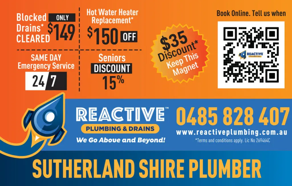 Sutherland Shire plumber and electrician magnet showing $149 blocked drains, $150 off hot water replacement, a $35 discount, 24/7 emergency service and seniors savings