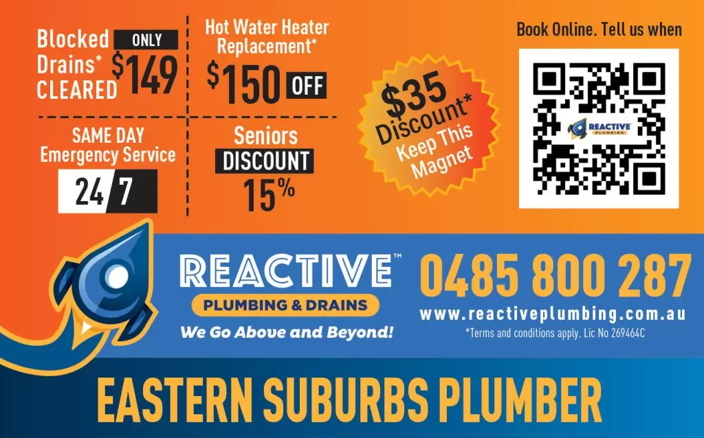 Eastern Suburbs plumber and electrician magnet showing $149 blocked drains, $150 off hot water replacement, a $35 discount, 24/7 emergency service and seniors savings