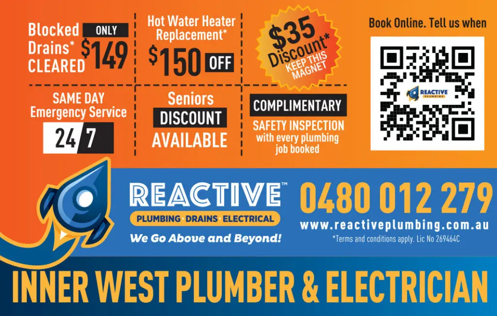 Inner West plumber and electrician magnet showing $149 blocked drains, $150 off hot water replacement, a $35 discount, 24/7 emergency service and seniors savings