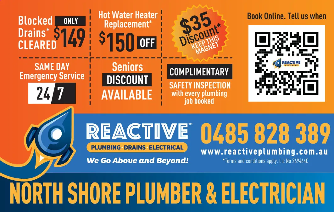 North Shore plumber and electrician magnet showing $149 blocked drains, $150 off hot water replacement, a $35 discount, 24/7 emergency service and seniors savings